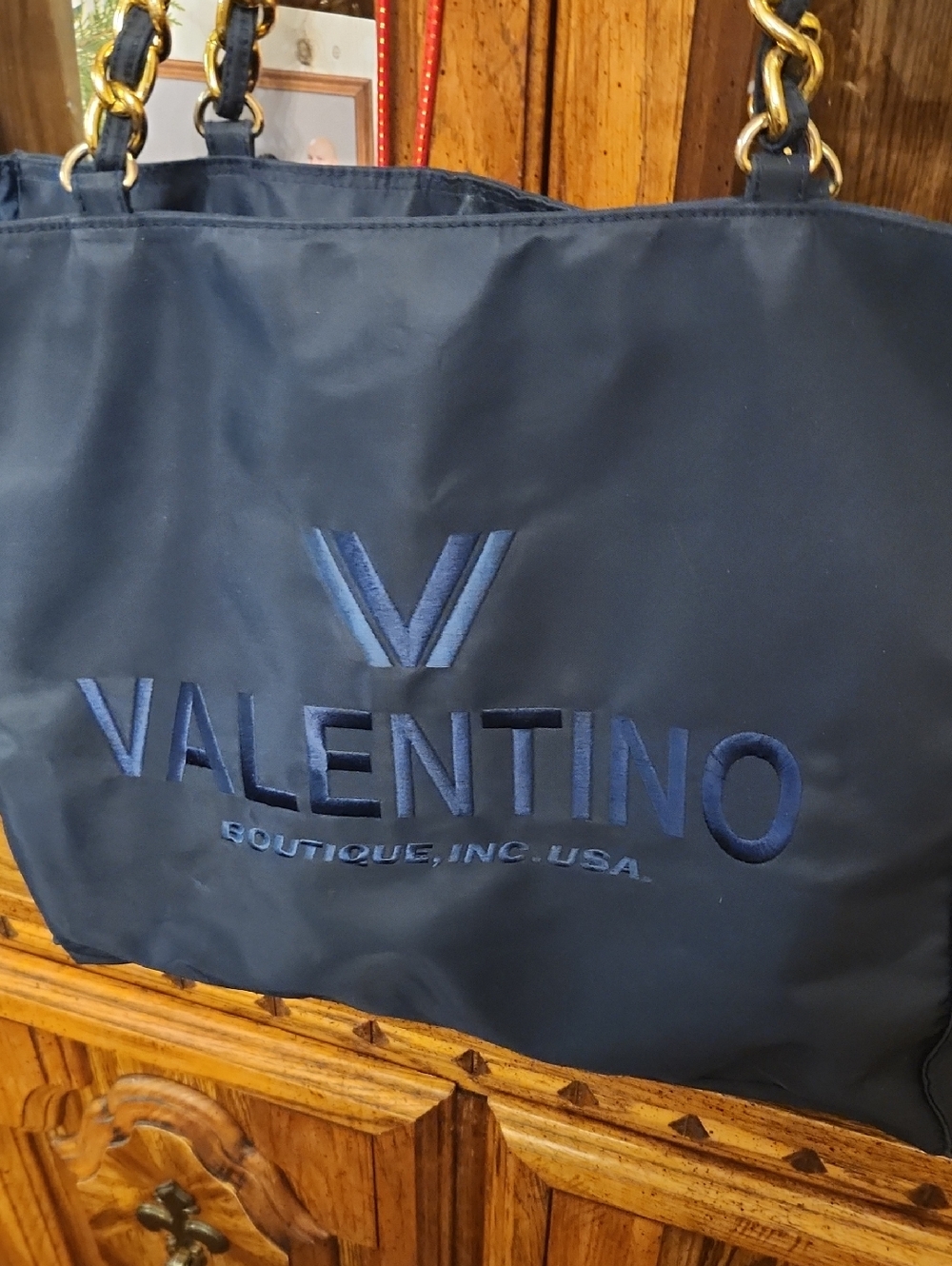Valentino Navy Embroidered Logo Tote with Gold Chain Handles
